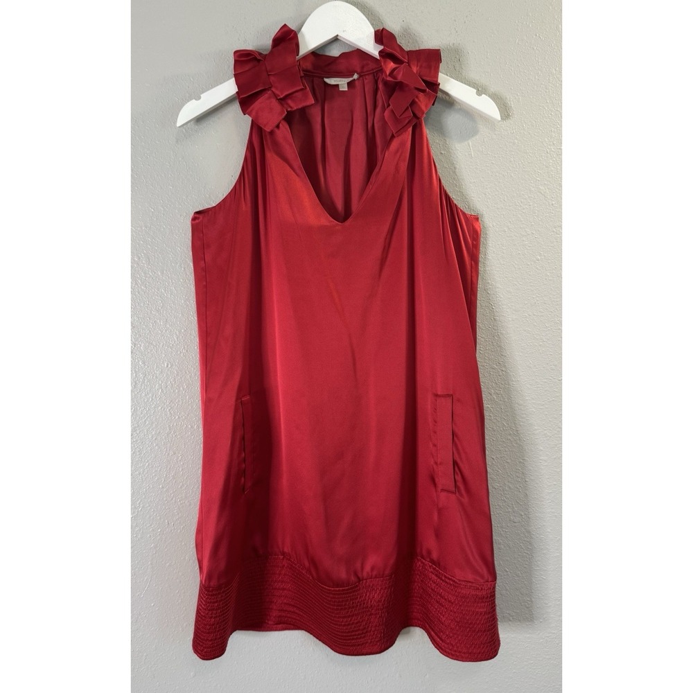 100% Silk Ruffle Shoulder Shift Dress Pockets Red Cocktail Party Small